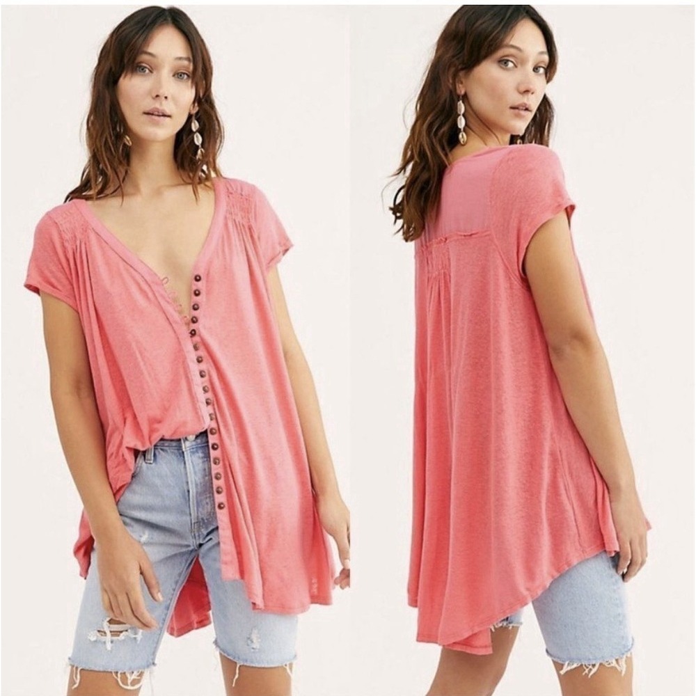 Free People Highland Azalea High Low Tunic Top Pink M Boho Linen Blend